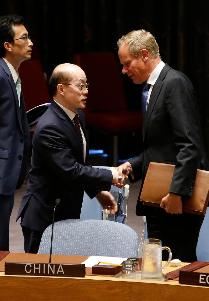  China's United Nations Ambassador Liu Jieyi, left, speaks to the United Kingdom's U.N. Ambassador Matthew Rycroft before the vote