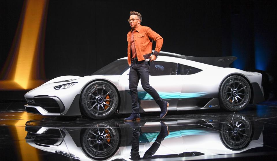  Formula One driver Lewis Hamilton pictured with Mercedes AMG Project One