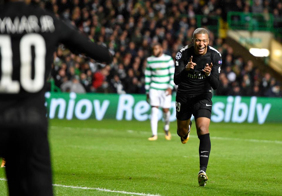  Kylian Mbappe scored his first Champions League goal for new club Paris Saint-Germain in their 5-0 win at Celtic