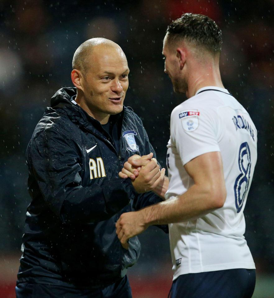  Preston boss Alex Neil congratulates Alan Browne on his stunner against Cardiff