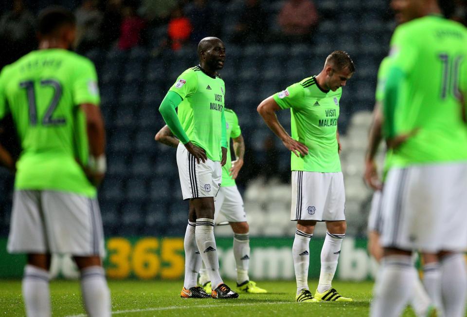  Bluebirds players look dejected at Deepdale following their 3-0 humbling