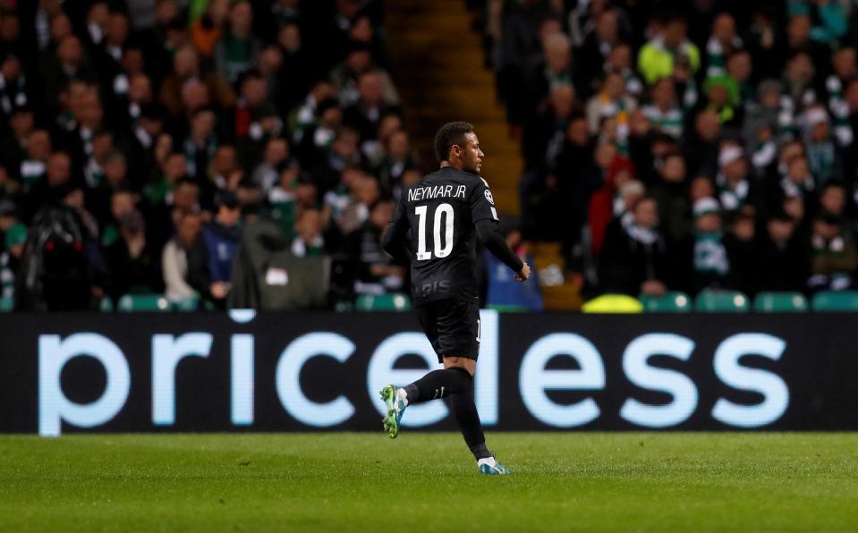  Neymar celebrates after scoring against Celtic during 5-0 victory for PSG