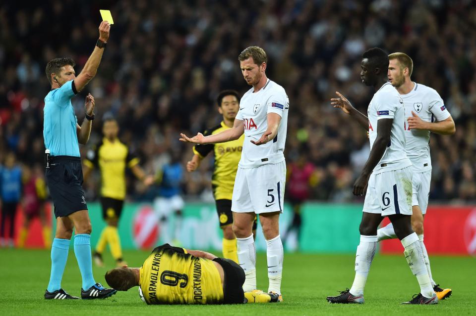  Jan Vertonghen was shown a second yellow card and will miss Tottenham's next Champions League clash