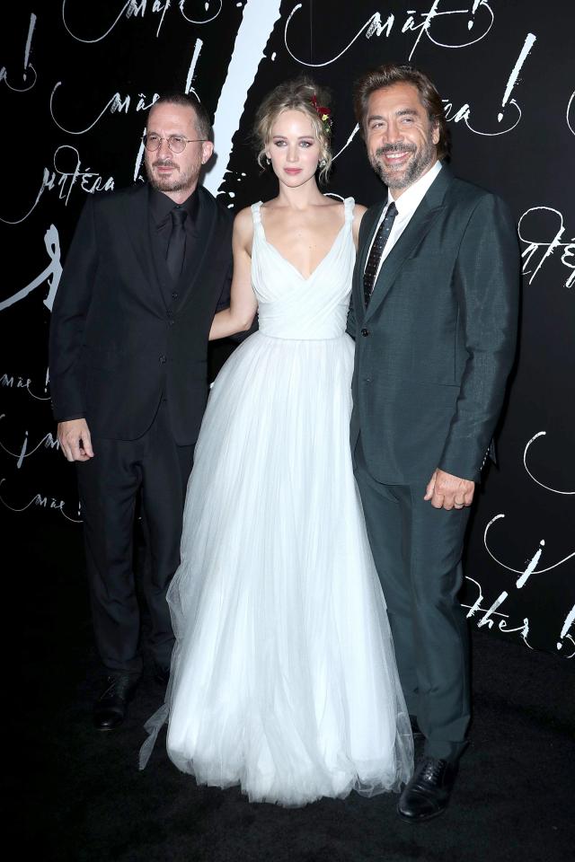  They were joined by her co-star Javier Bardem who looked delighted to be reunited with Jennifer