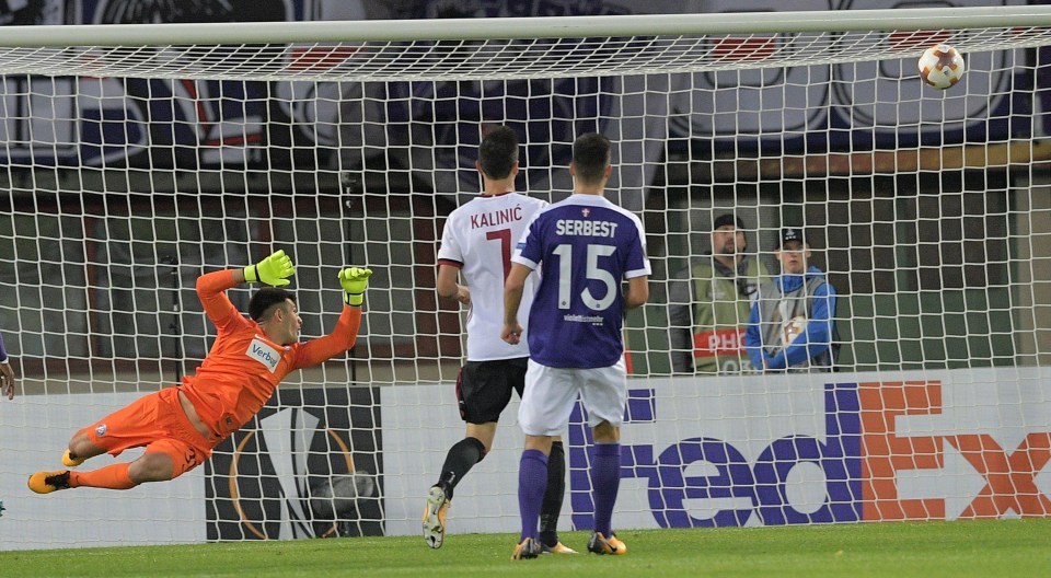 Hakan Calhanoglu's seventh-minute effort flies past Austria Vienna goalkeeper