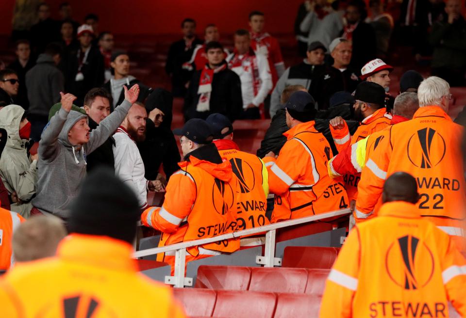  The match had to be delayed by an hour after Koln supporters clashed with stewards