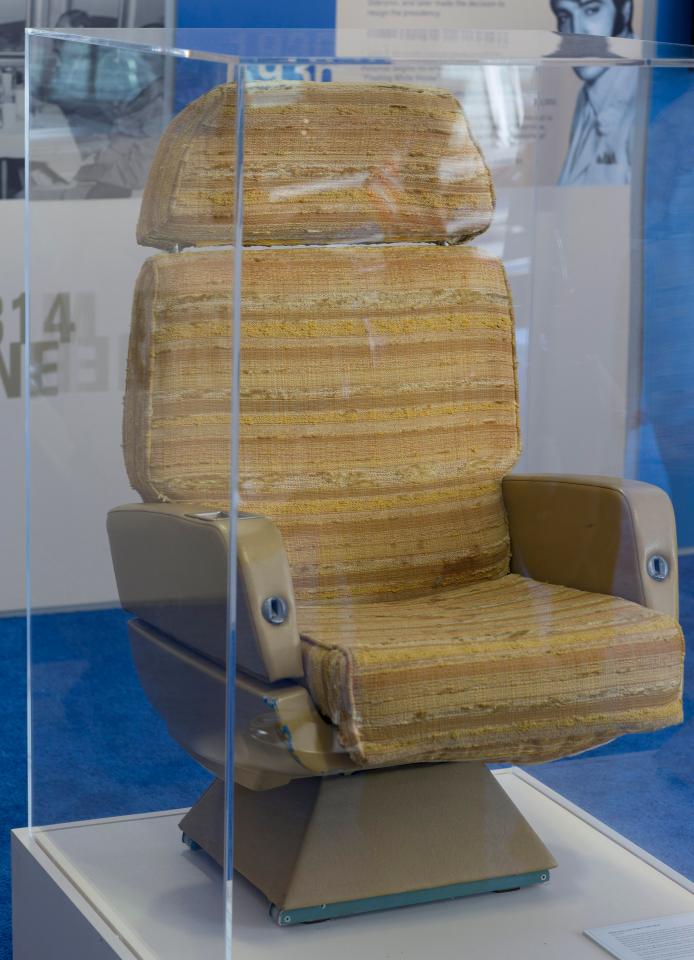  A seat from the original Air Force One jet that President Kennedy used to travel for his trips into Quonset Airport during his presidency on display at the Air Force One Experience