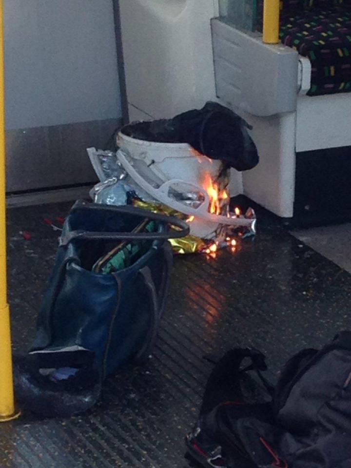  A picture posted immediately after the reported explosion appearing to show a burning bucket in a bag