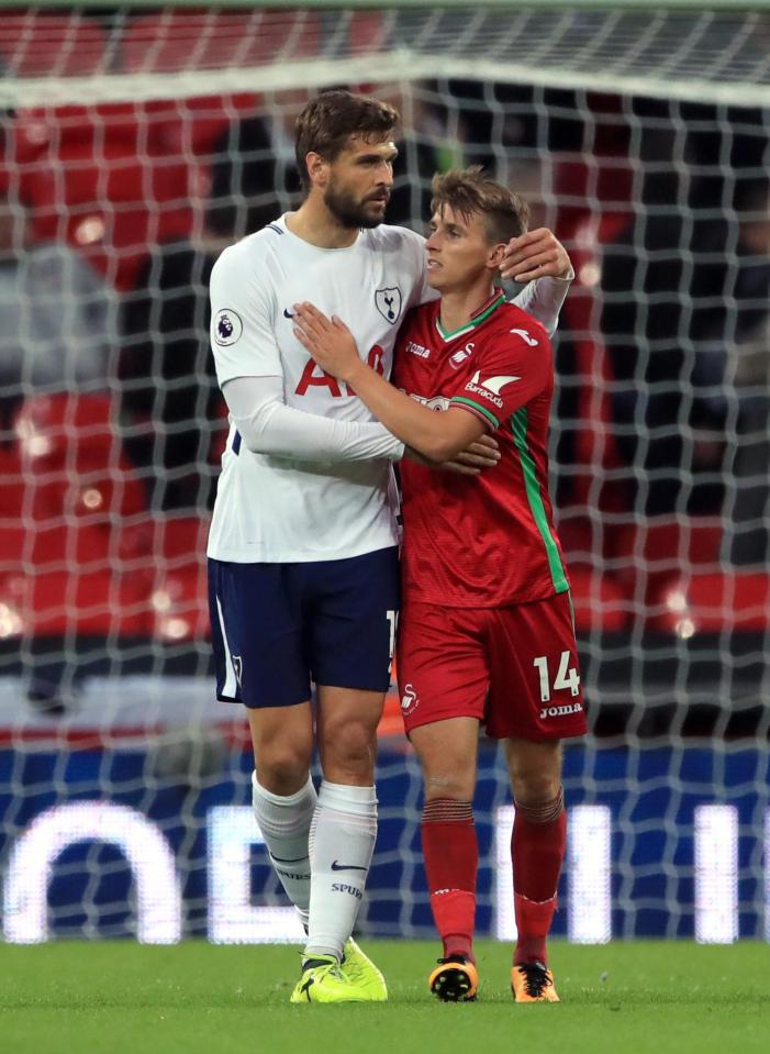  Fernando Llorente and Tom Carroll share an embrace during Tottenham's match with Swansea