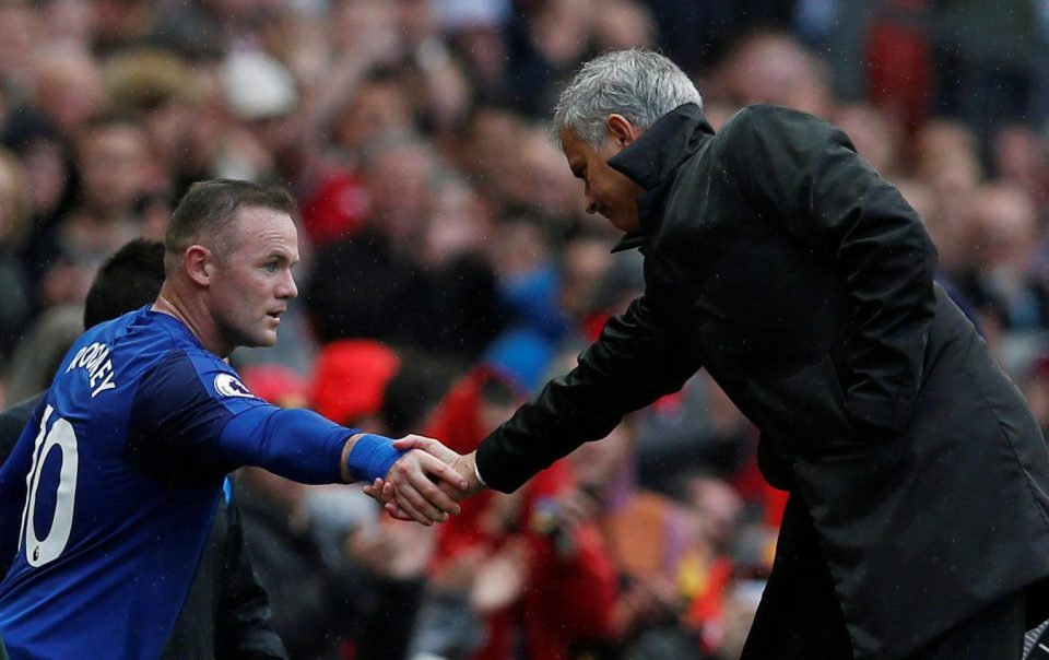 Old Trafford chief Jose Mourinho shook hands with ex-United hero Wayne Rooney, who was taken off before Everton were hit by a late triple