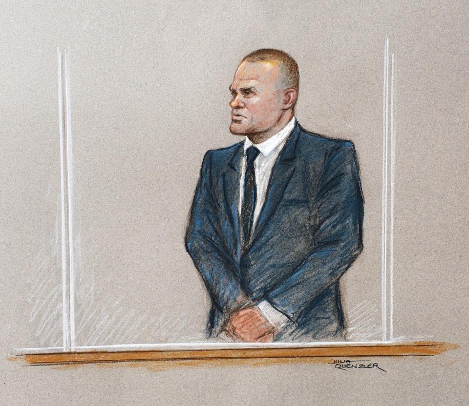  A sketch of Wayne Rooney standing in the dock this morning