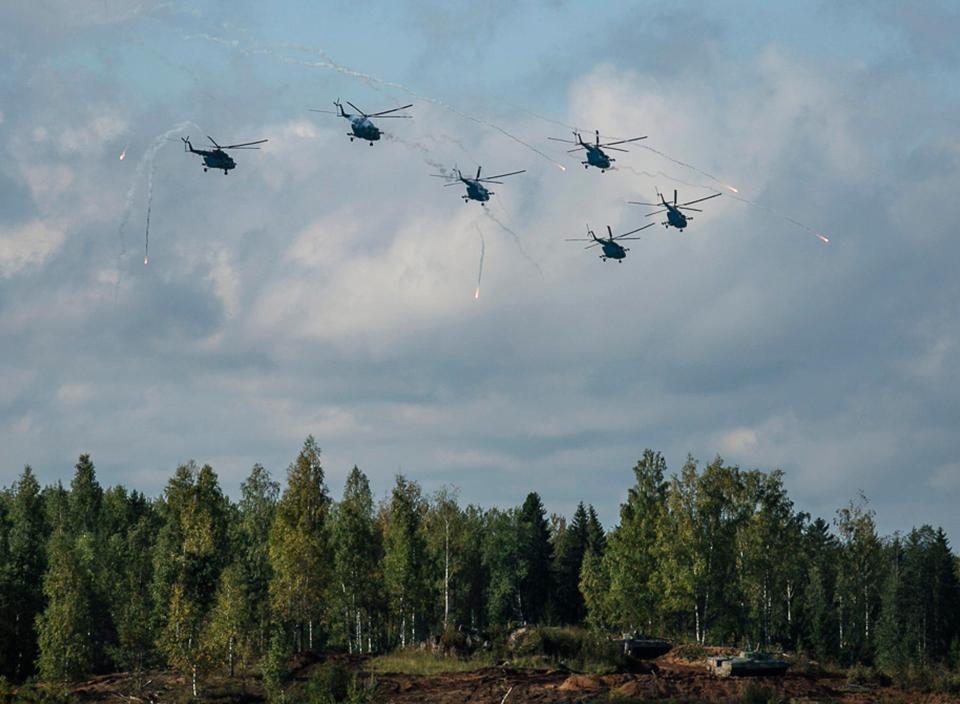  Russian helicopters taking part in the joint Russian-Belarusian military drill