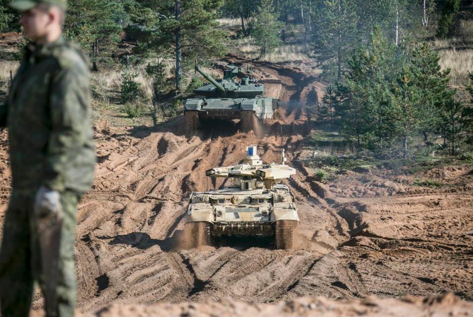  Tanks roll during the military exercise at the Luzhsky Range, near St. Petersburg