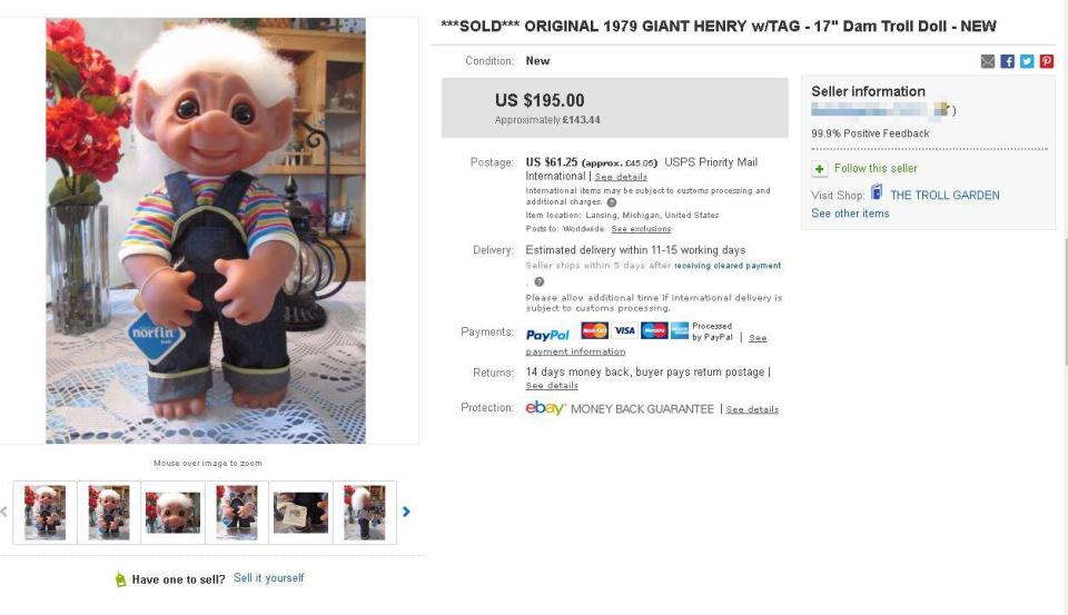  The troll doll sold for $195 but came with a hefty postage fee of $61