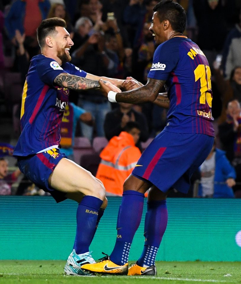  Lionel Messi and Paulinho celebrate during their thrashing of Eibar