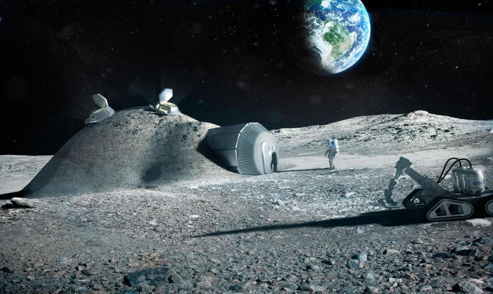 Artist impression created by the European Space Agency showing a lunar base made with 3D printers