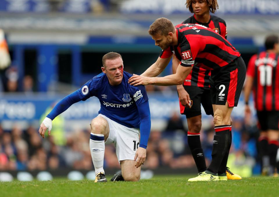  Wayne Rooney was caught and forced off for medical treatment twice