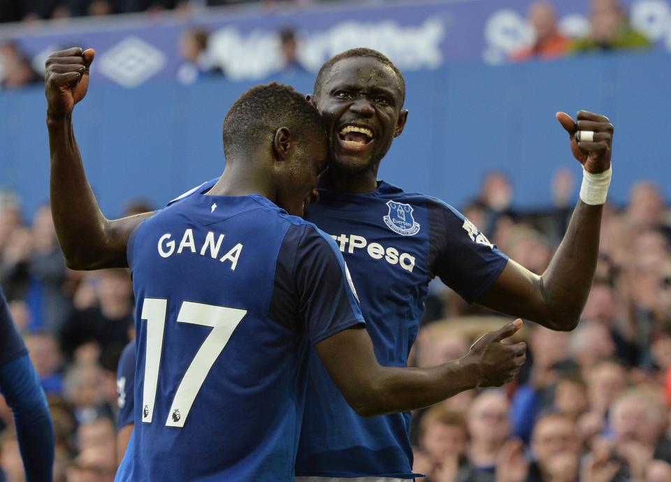  Idrissa Gueye celebrates with two-goal hero Oumar Niasse against Bournemouth