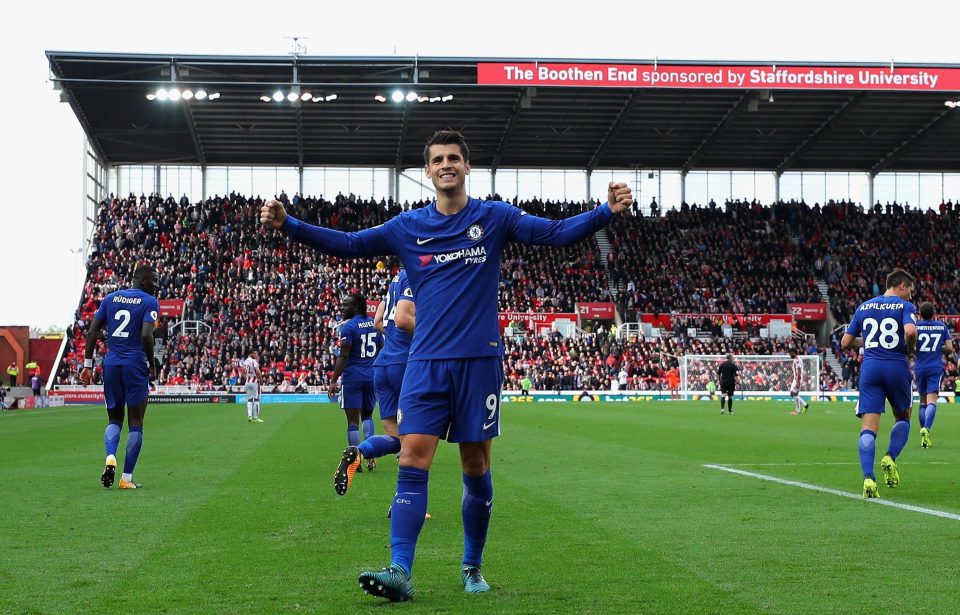  Alvaro Morata celebrates after hitting the target in Chelsea's win at Stoke