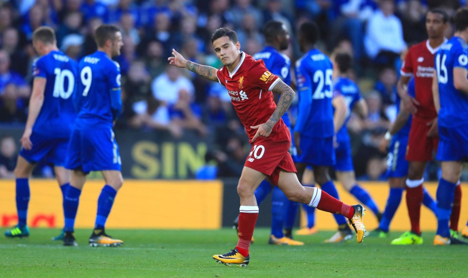 Philippe Coutinho celebrates first goal of the season, against Leicester