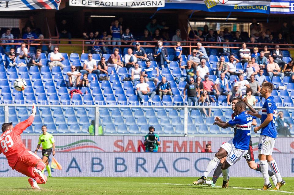  Colombian striker Zapata fires into the roof of the net