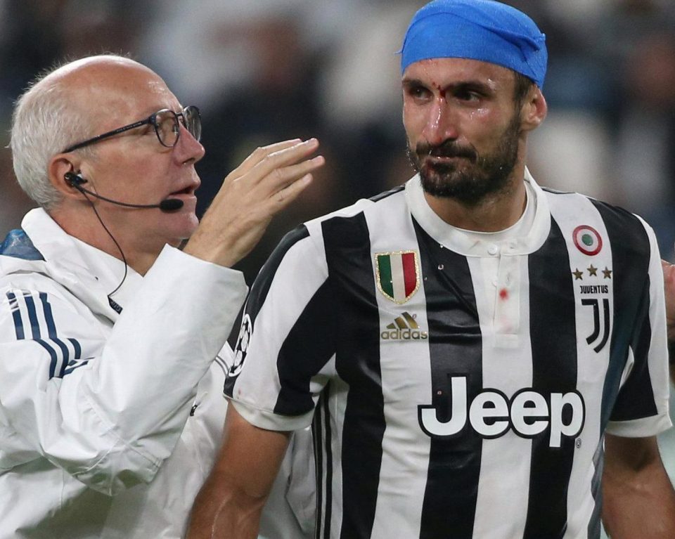  Chiellini sported a bold blue bandage after colliding with Bjorn Engels