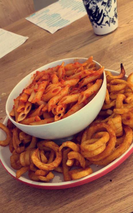  One of the new university pupils uploaded this pasta and curly fries dish online