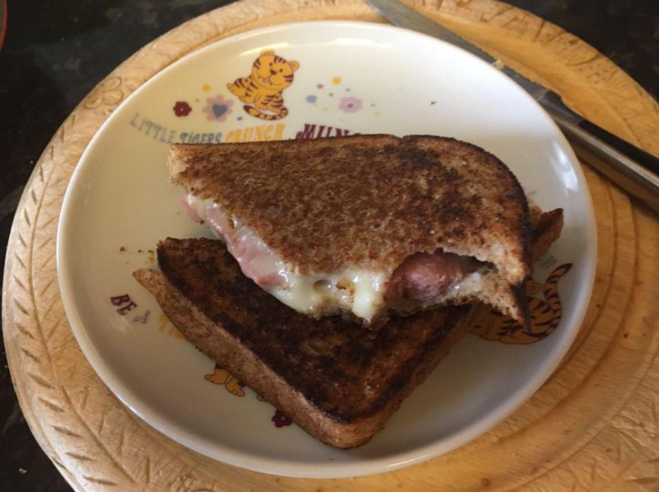  One mum uploaded this shot of a cheese and hot dog toastie created by their student child and said they were scared now about their culinary skills