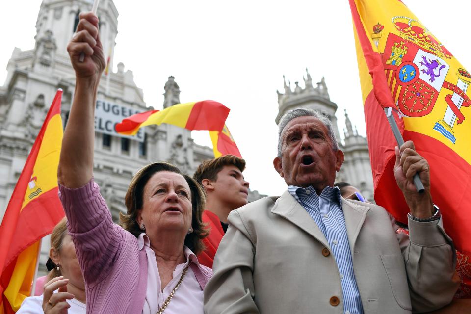  Protestors wave Spanish flags during a demonstration in Madrid