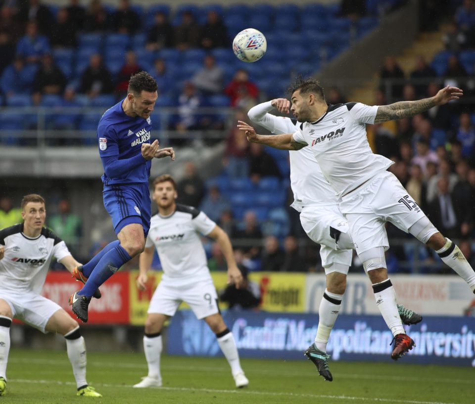  Sean Morrison powers his header at goal, but couldn't fine the back of the net