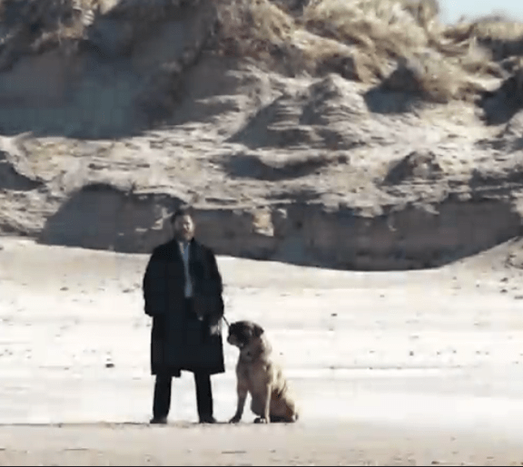 Alfie Solomons (Tom Hardy) cuts a solemn figure on the beach with his dog