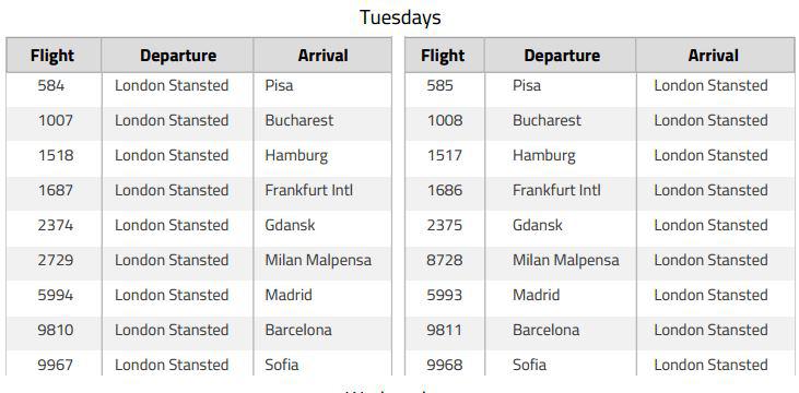  Individual Ryanair flights cancelled on Tuesdays from London Stansted between November 1, 2017 and March 24, 2018