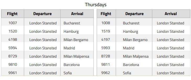  Individual Ryanair flights cancelled on Thursdays from London Stansted between November 1, 2017 and March 24, 2018