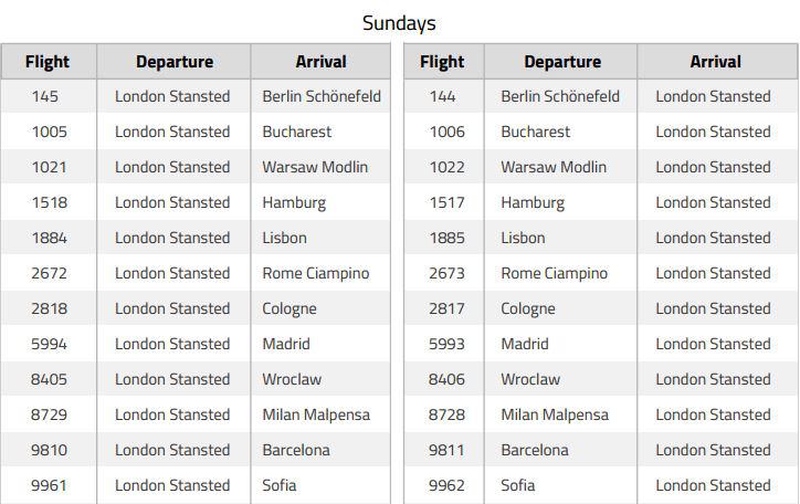  Individual Ryanair flights cancelled on Sundays from London Stansted between November 1, 2017 and March 24, 2018