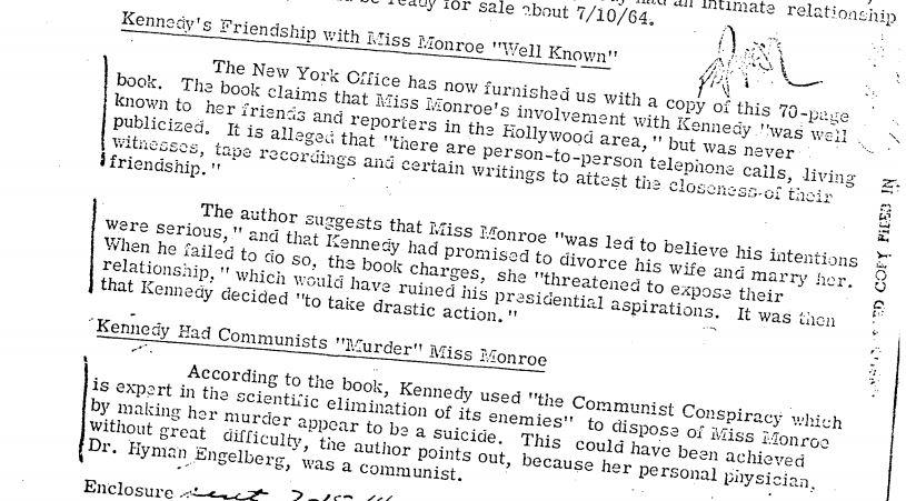 The memo warns that the upcoming book will claim Bobby Kennedy ‘disposed of Miss Monroe’