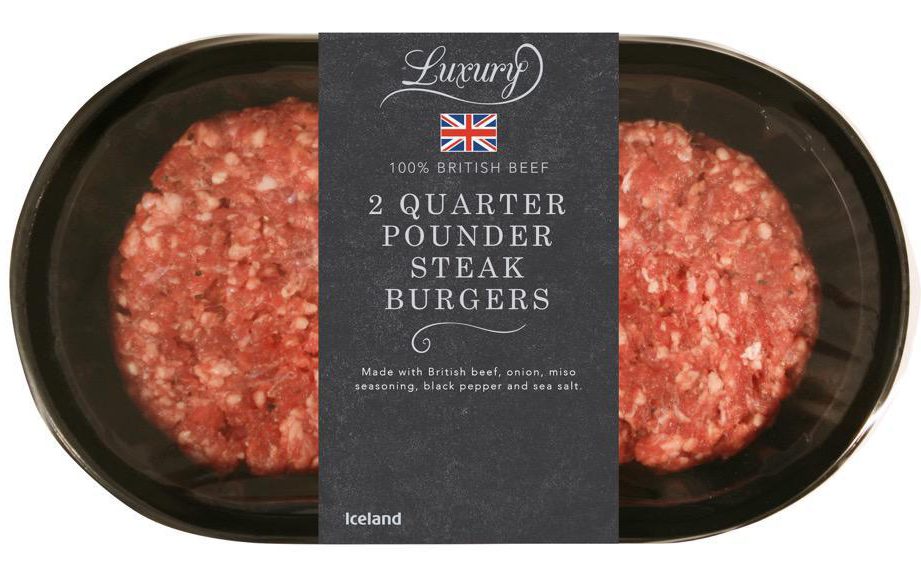  Iceland Luxury 2 British Quarter Pounder Steak Burgers 227g contains 93 per cent beef