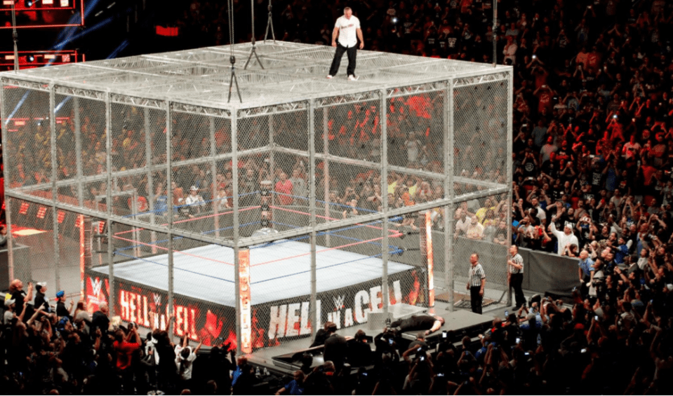  Shane McMahon on top of the cell before leaping off before Kevin Owens was dragged out of the way