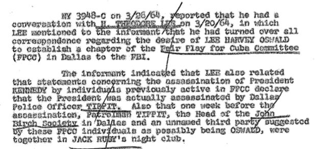  This document reveals an informant's claim that Officer Tippit was the killer