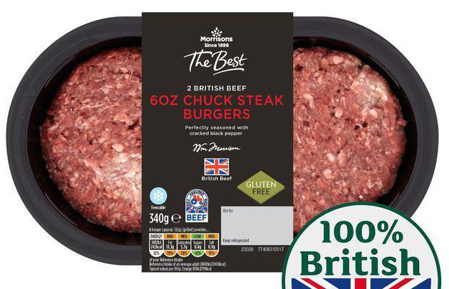  Morrisons The Best 6Oz British Chuck Burgers 340g contain 90 per cent meat - comfortably above the legal requirement