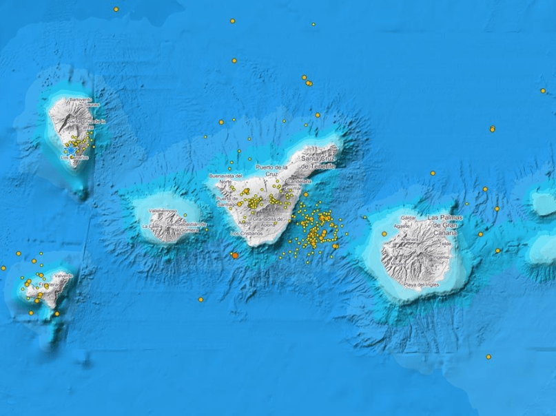 This map shows the tremors which have been recorded across the Canary Islands