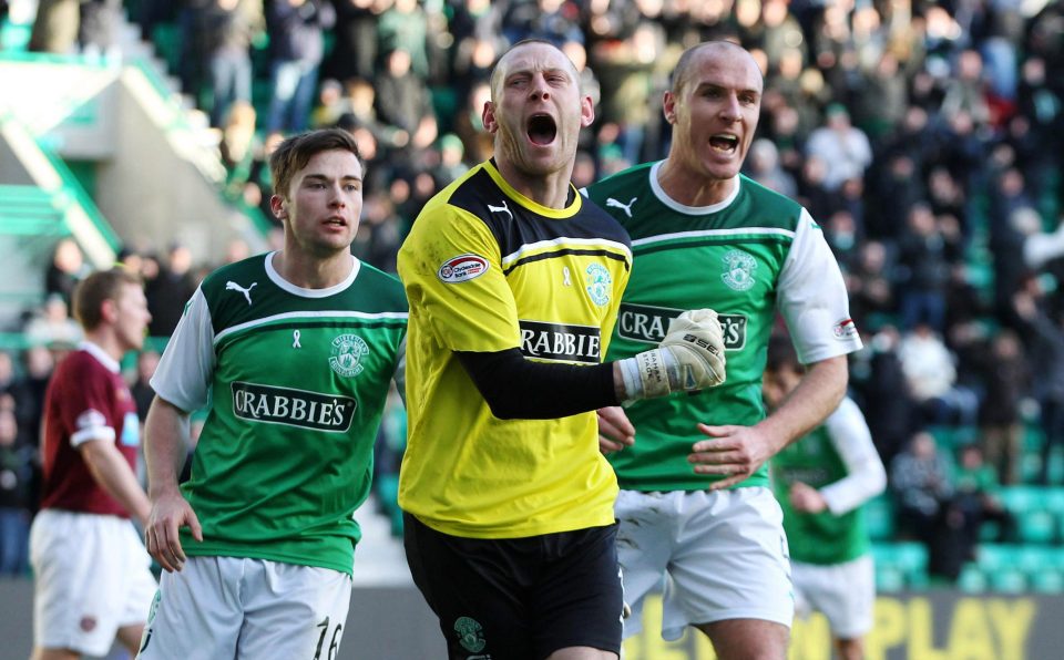  Graham Stack celebrates saving penalty for Hibs against hated rivals Hearts in 2012