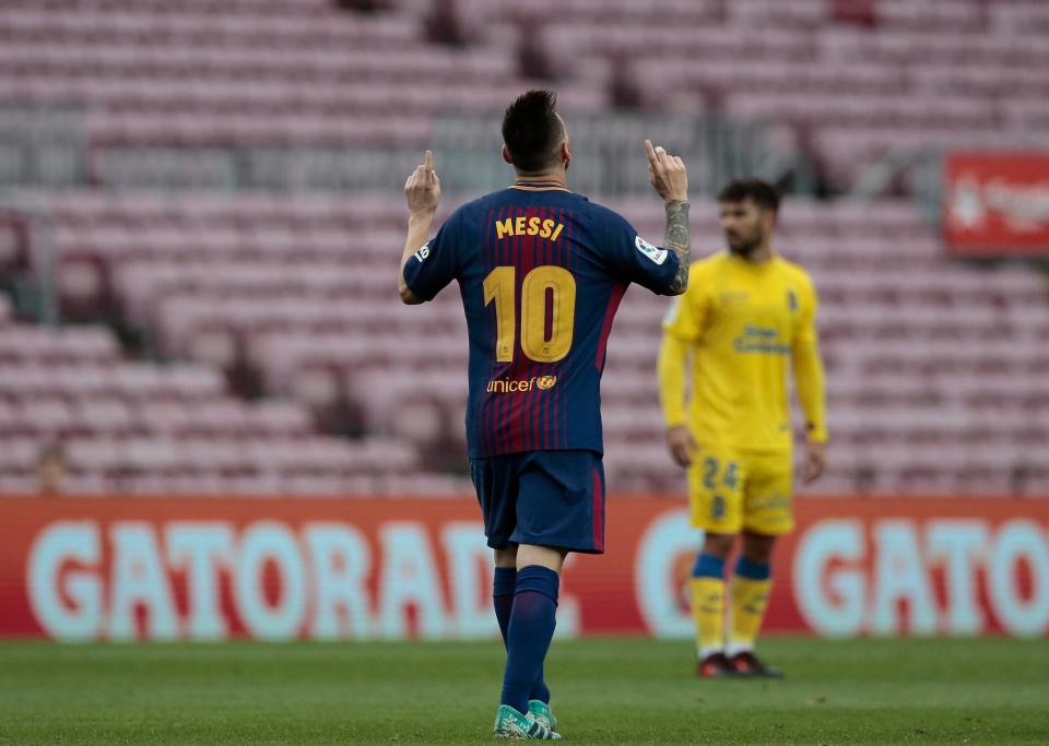 Lionel Messi celebrates after scoring during the La Liga fixture 