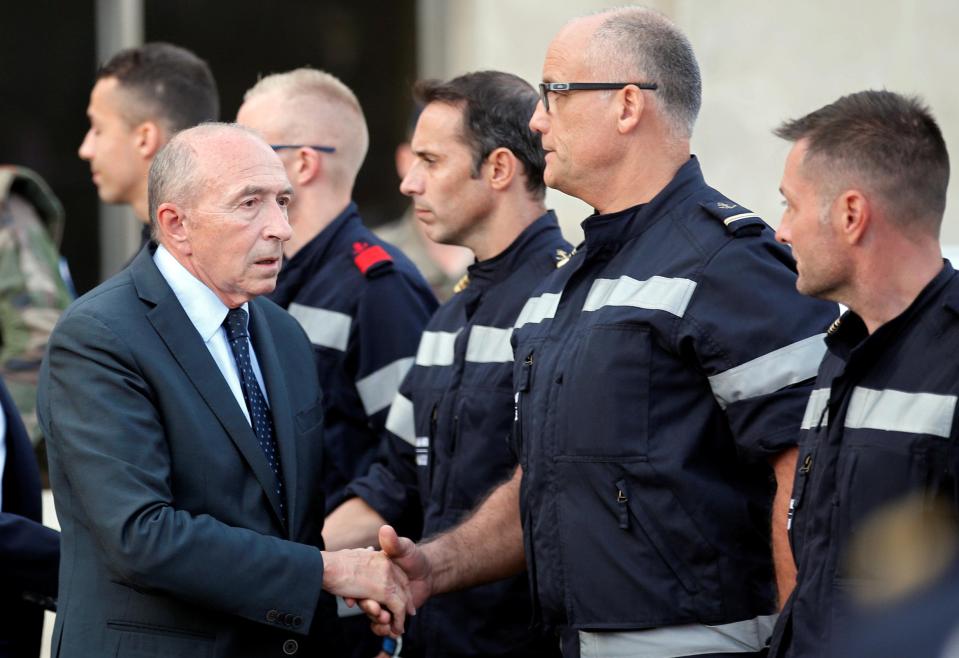  French Interior Minister Gerard Collomb greeted emergency responders and spoke to the media outside the Saint-Charles train station