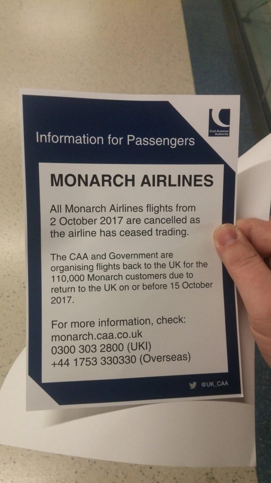 A note was handed to passengers at Gatwick Airport this morning