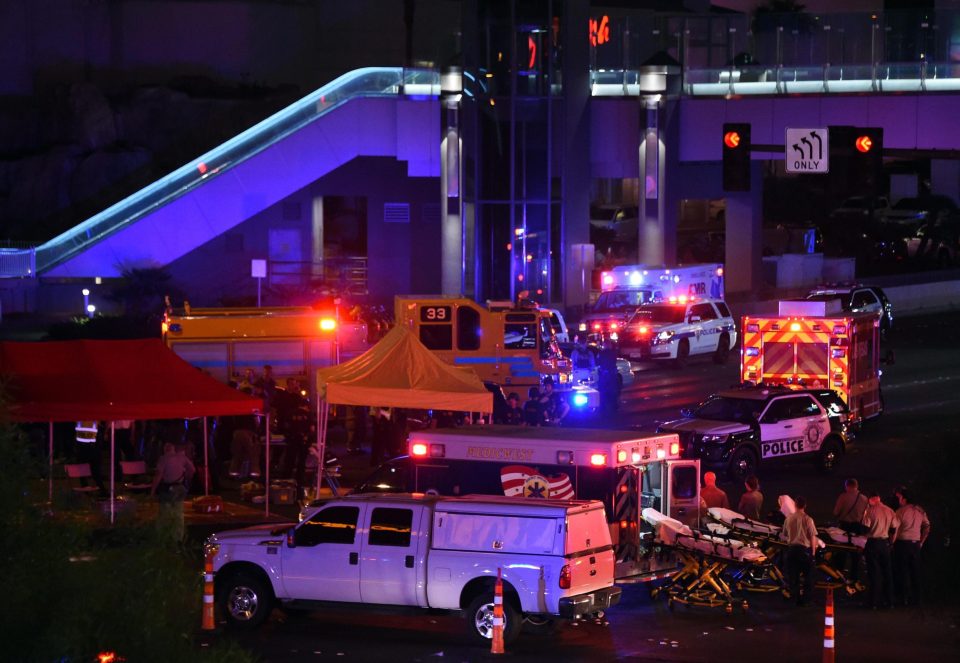  Medical workers stage in the intersection of Tropicana Avenue and Las Vegas Boulevard South after the mass shooting at a music festival on the Las Vegas Strip