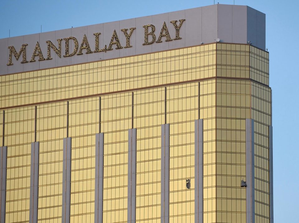  Broken windows are seen on the 32nd floor of the Mandalay Bay Resort