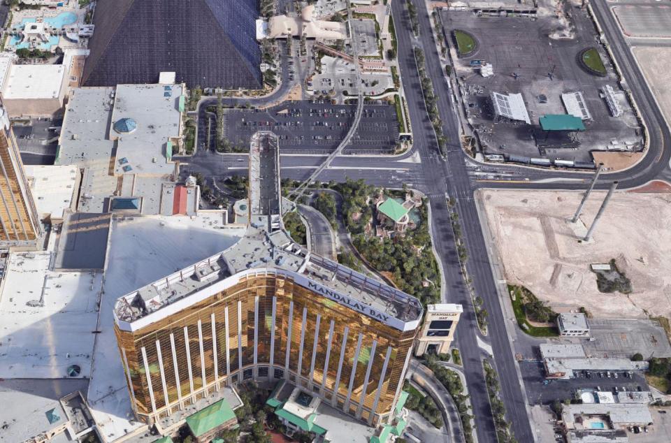  An aerial view of Mandalay Bay Hotel with view to the parking lot area where concert was held