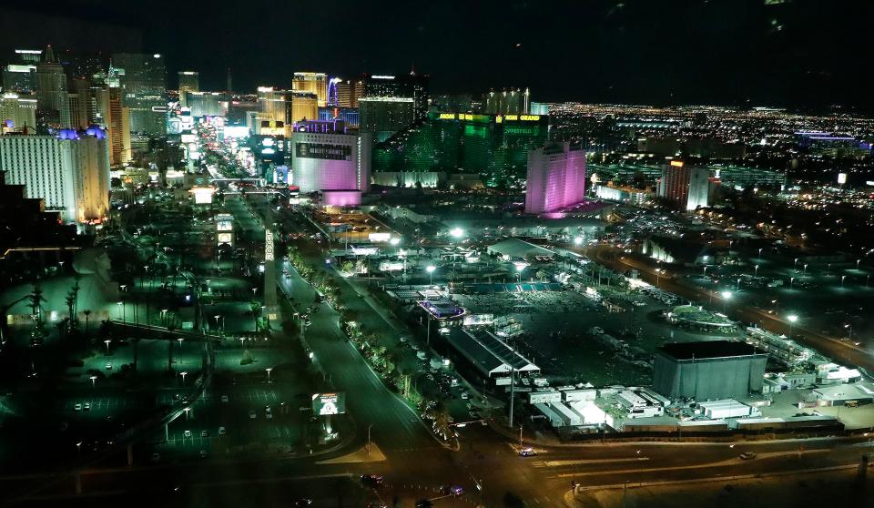  A night time view of the scene of a mass shooting in Las Vegas