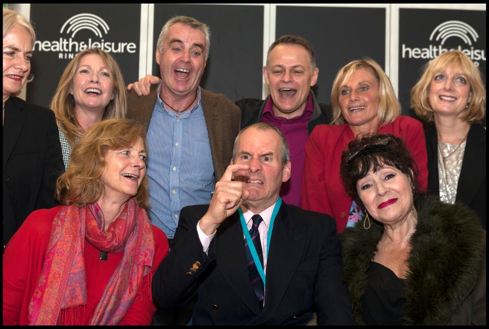  The cast of The Brittas Empire - from left to right, top row - Julia St John (Laura), Andree Bernard (Angie), Tim Marriott (Gavin), Russell Porter (Tim), Jill Greenacre (Linda), Judy Flynn (Julie). Bottom row - Pippa Haywood (Helen Brittas), Chirs Barrie (Gordon Brittas), Harriet Thorpe (Carole).