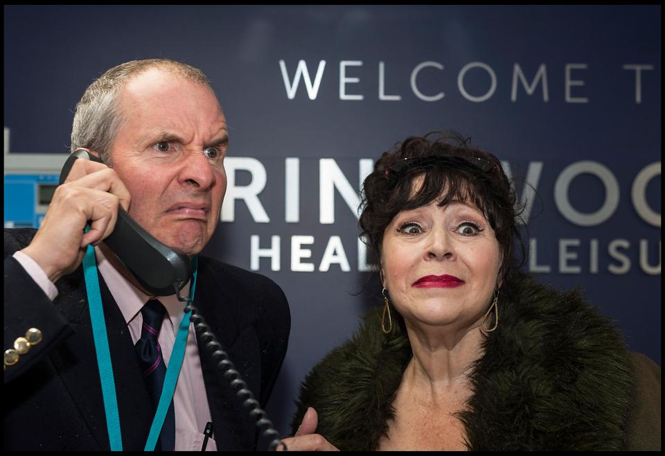  Chris Barrie (Gordon Brittas) and Harriet Thorpe (Carole) get back in character